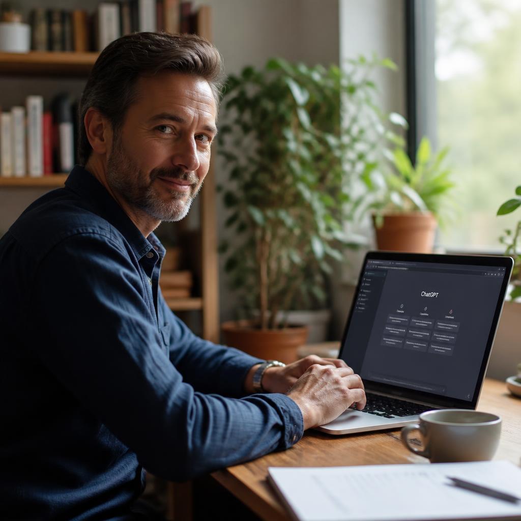 Pessoa adulta aprendendo a usar o ChatGPT no notebook em ambiente doméstico